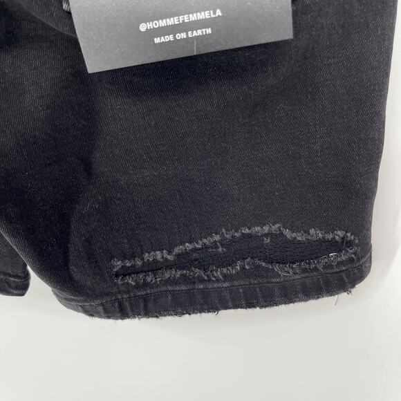 Homme + Femme NEW Distressed Flames Logo Jean Shorts Mens Sz 28 Black Stretch - Picture 8 of 11